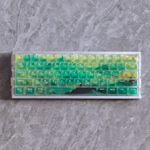 Ethereal frosted PC keycaps set showcasing a captivating translucent glow and misty light diffusion across a premium 115-key layout.