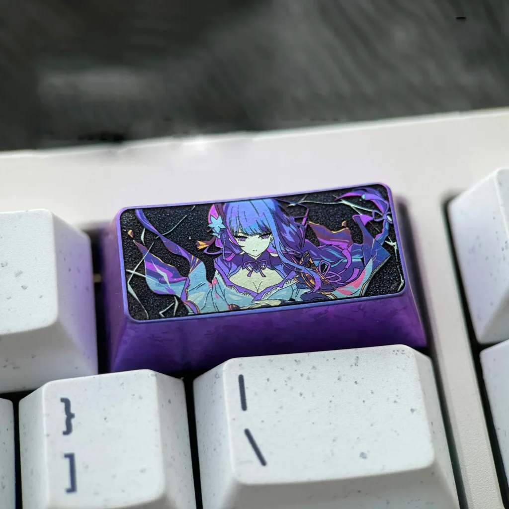 A colorful titanium alloy Raiden Shogun 2U backspace keycap, custom-designed for a unique personalized keyboard aesthetic.