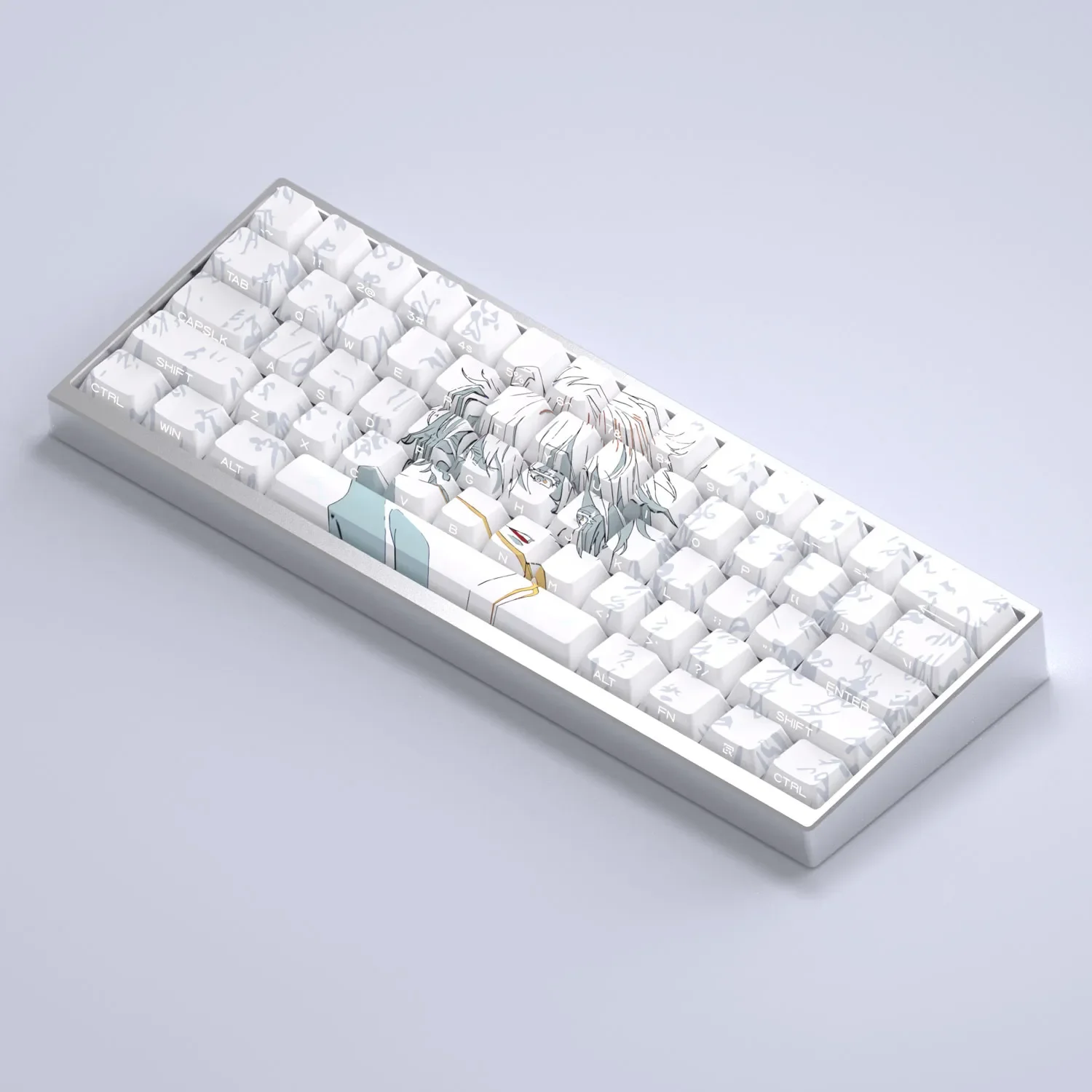 Exclusive Gojo Satoru keycaps set gallery, showcasing subtle side-printed legends and the captivating backlight glow on a premium mechanical keyboard.