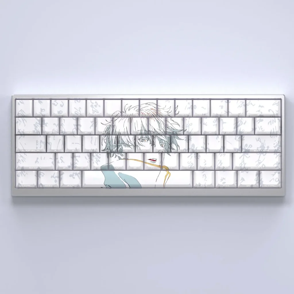 Exclusive Gojo Satoru keycaps set for mechanical keyboards, showcasing subtle side-printed legends with a radiant anime backlight glow.