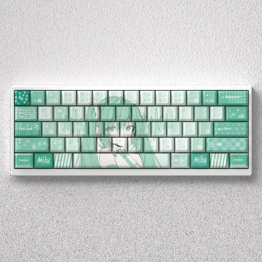 Vibrant Hatsune Miku PBT Keycaps set for 60% keyboards, showcasing iconic anime art in playful turquoise.