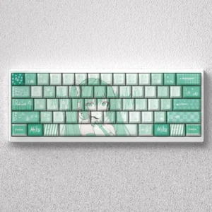 Vibrant Hatsune Miku PBT Keycaps set for 60% keyboards, showcasing iconic anime art in playful turquoise.