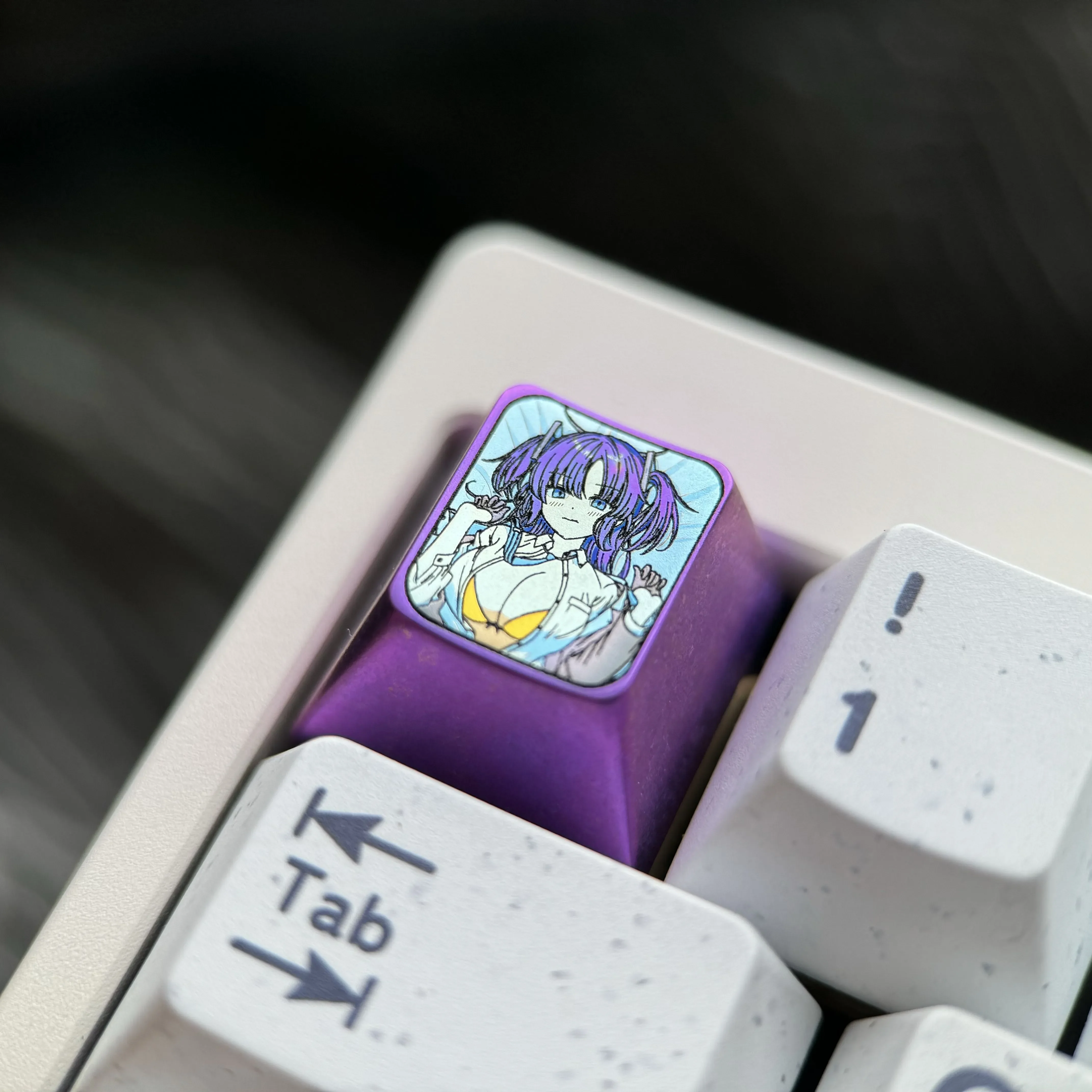 A gallery of the premium Hayase Yuuka Titanium ESC keycap, revealing the vibrant anime art and polished titanium alloy from various angles for view.