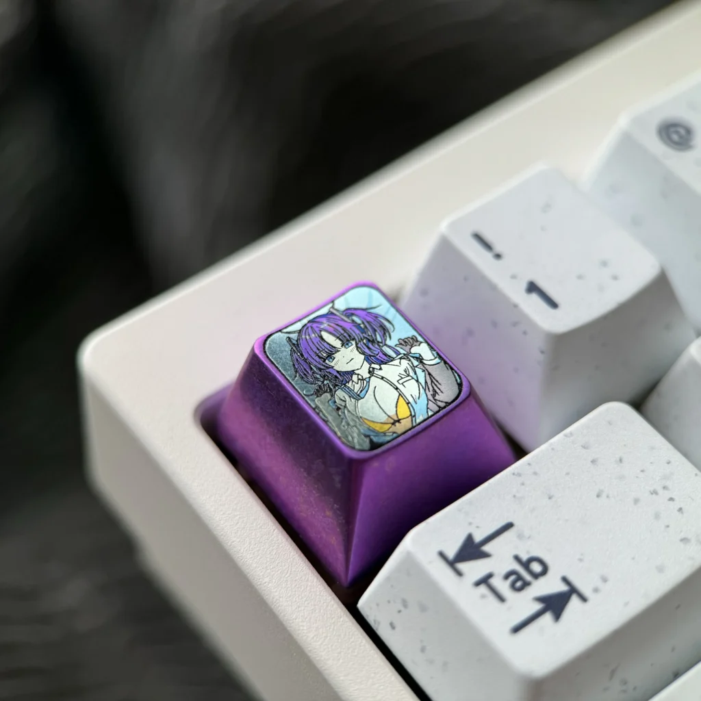 Premium Hayase Yuuka Keycap gallery showcasing its durable titanium build and vibrant anime art from multiple angles, emphasizing exquisite deisgn.