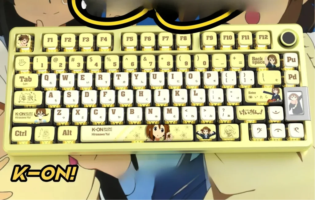 Vibrant Hirasawa Yui Keycaps Set for mechanical keyboards, featuring the iconic K-On! design with playful RGB translucent pudding style and dynamic design.