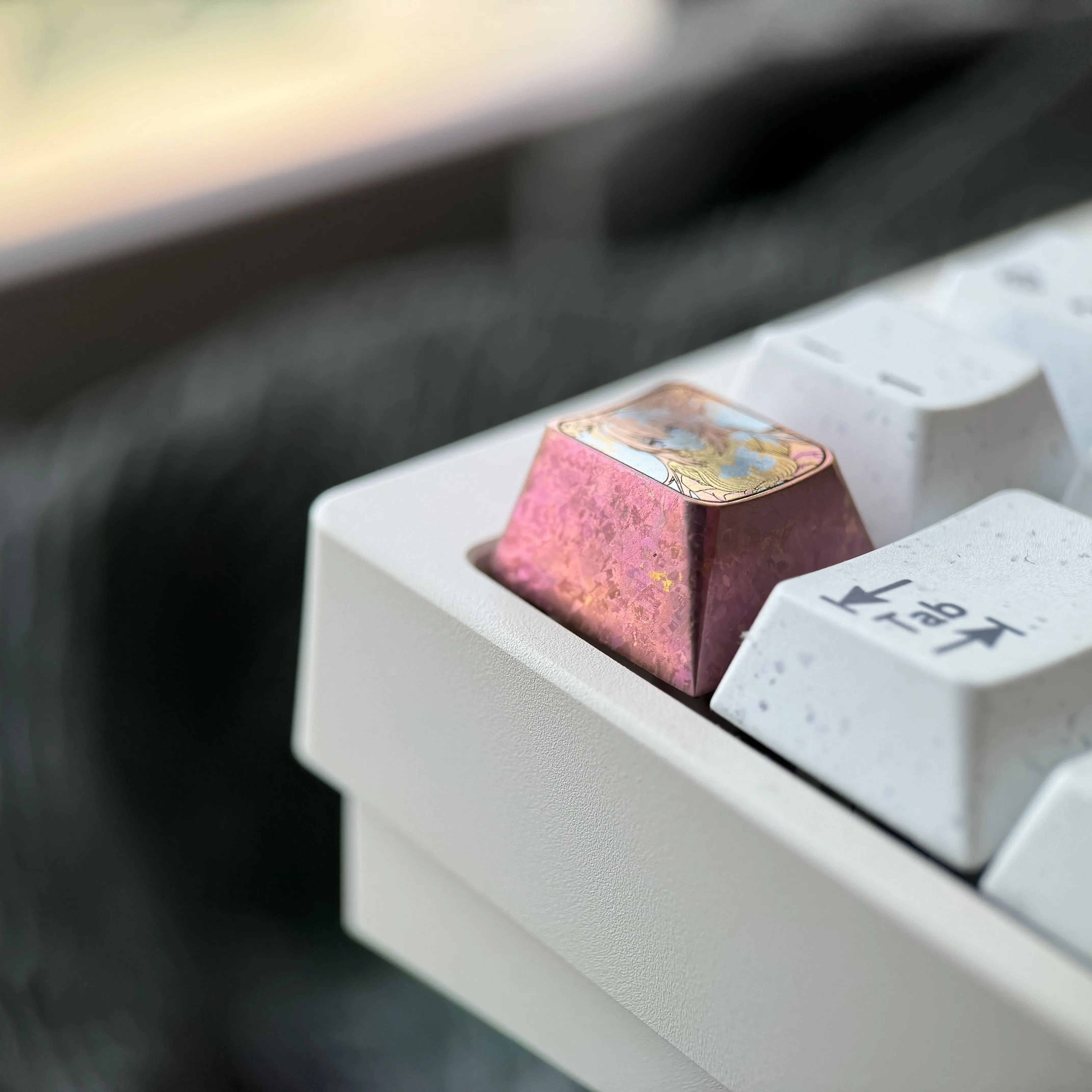 Gallery view of the exclusive Ichinose Honami titanium keycap for mechanical keyboards, showcasing its vibrant anime art from multiple angles.