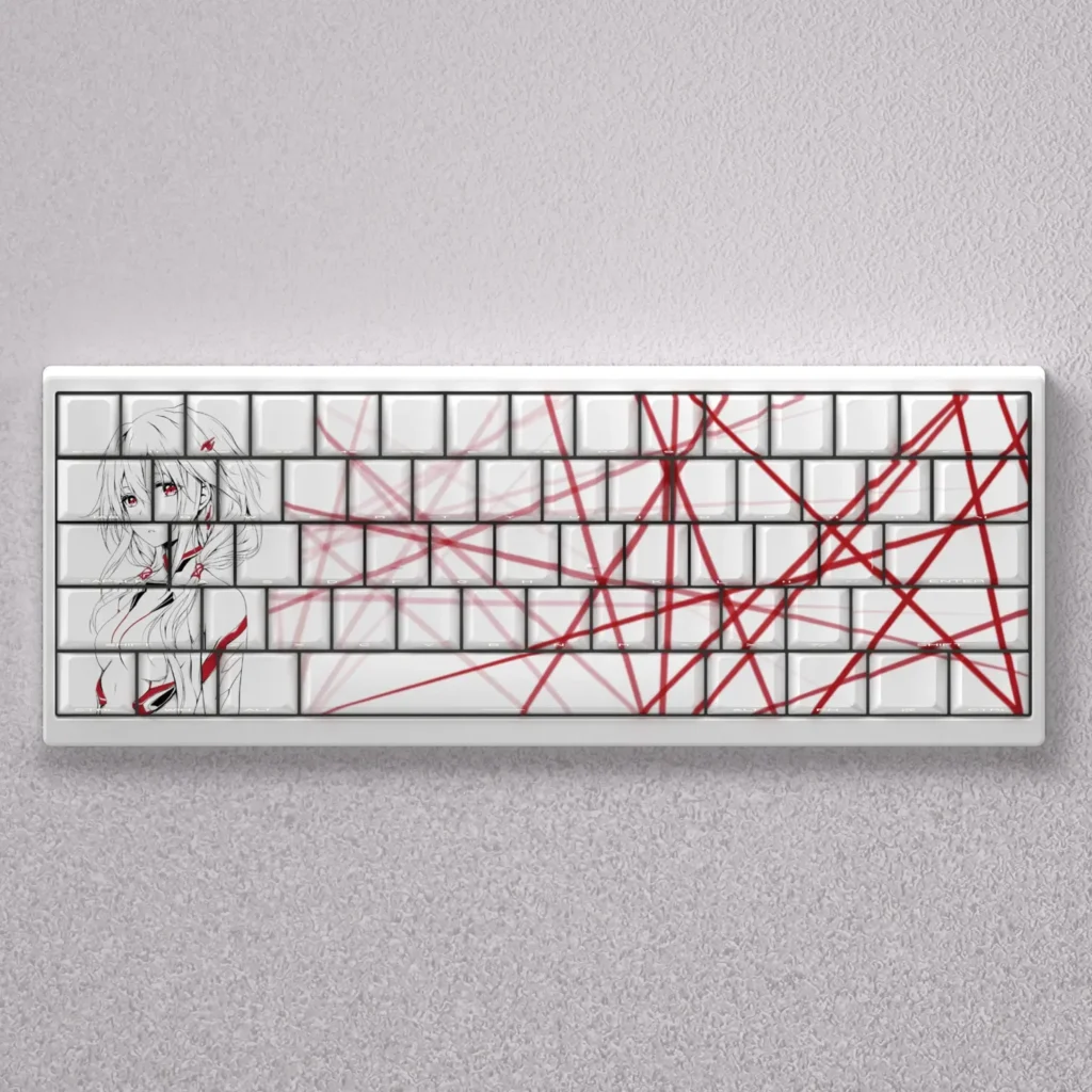 Iconic Yuzuriha Inori anime side-lit PBT keycaps set vibrantly displayed, showcasing sleek translucent legends and vivid character art. Essential Inori deisgn.