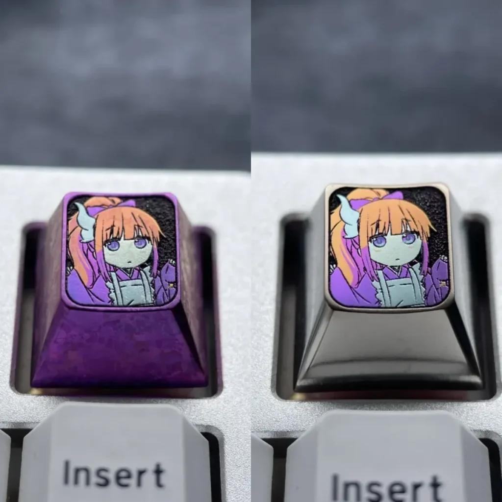 Vibrant Titanium Kanna Kamui ESC keycap, a playful Dragon Maid anime collectible, shines with a metallic purple finish.