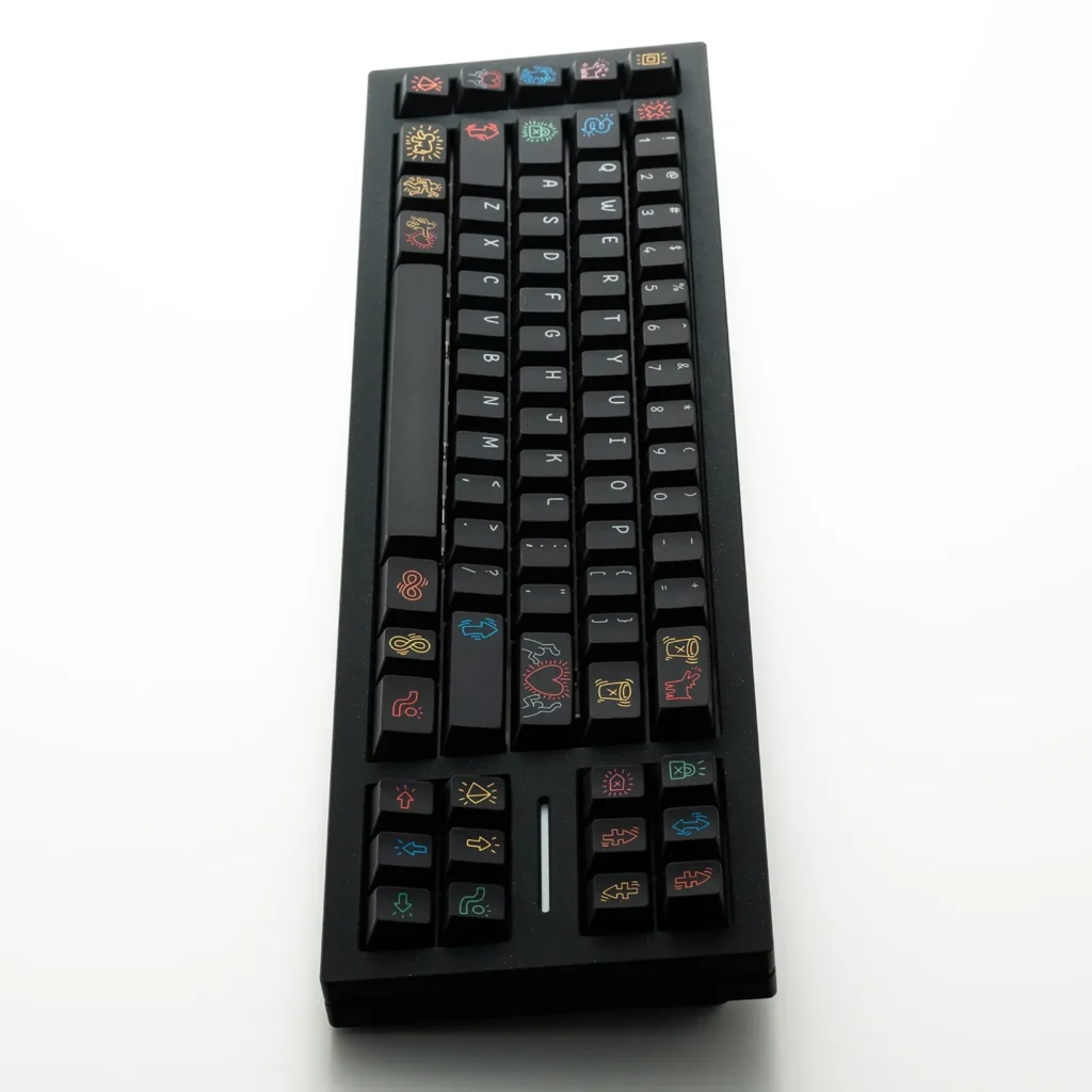 Collection of iconic Keith Haring Graffiti PBT Keycaps Set, showcasing dynamic urban art from multiple angles, emphasizing premium durability.