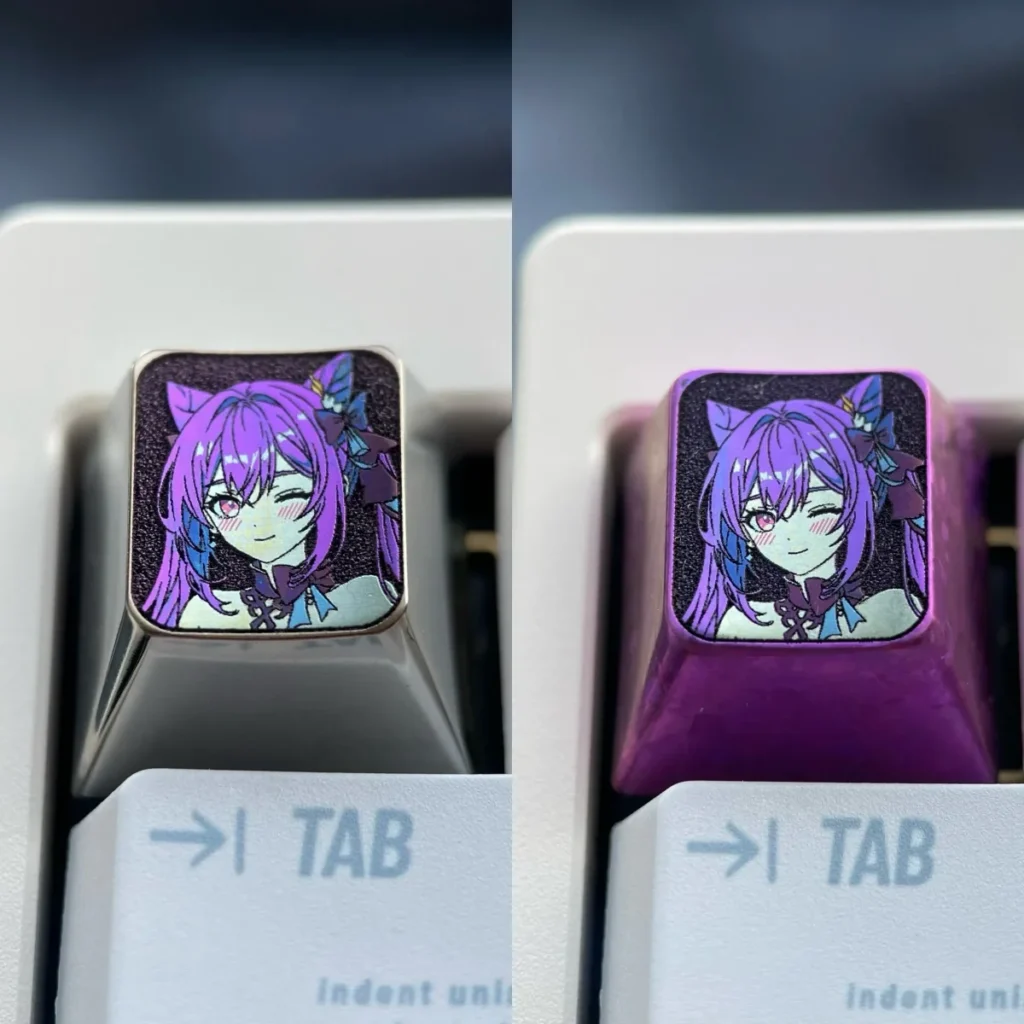 Stunning premium anodized titanium Keqing keycap, glowing with luminous ice crystal purple hues, capturing Genshin Impacts electro-inspired aesthetic.