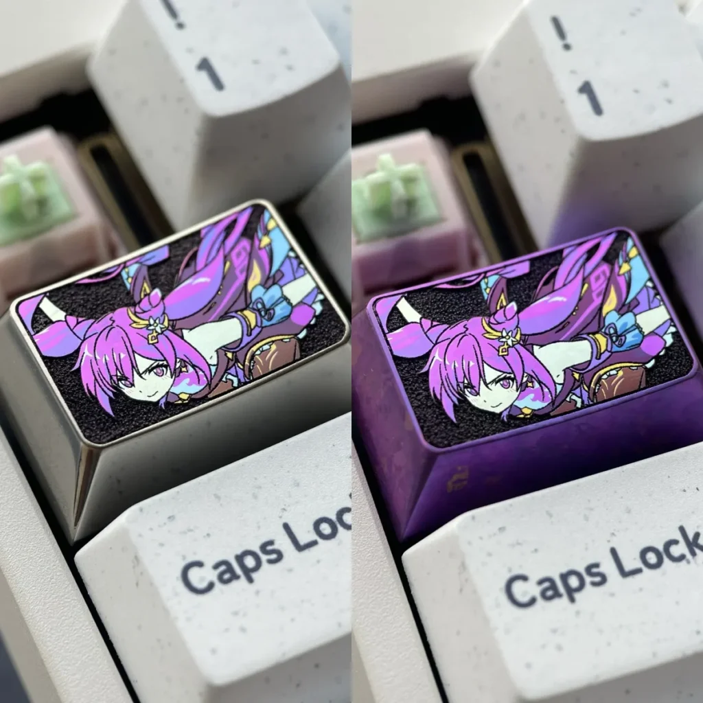 Exclusive Keqing titanium alloy keycap, embodying the iconic Genshin Impact aesthetic in sleek metallic purple with refined craftsmanship.