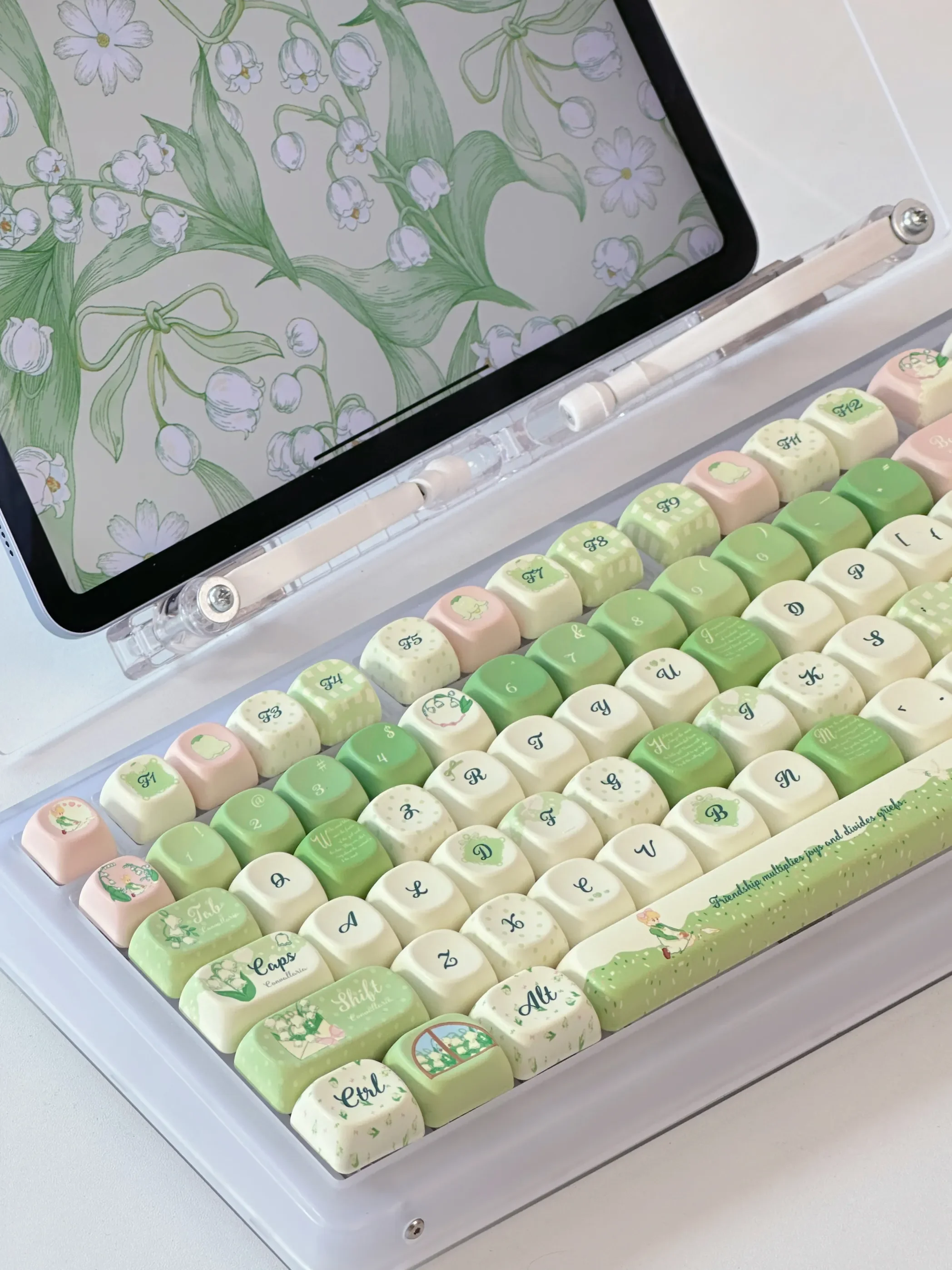 Lily of the Valley keycaps set gallery. Exquisite floral designs, soft pastels, unique rounded XOA profile showcased from various artistic views.