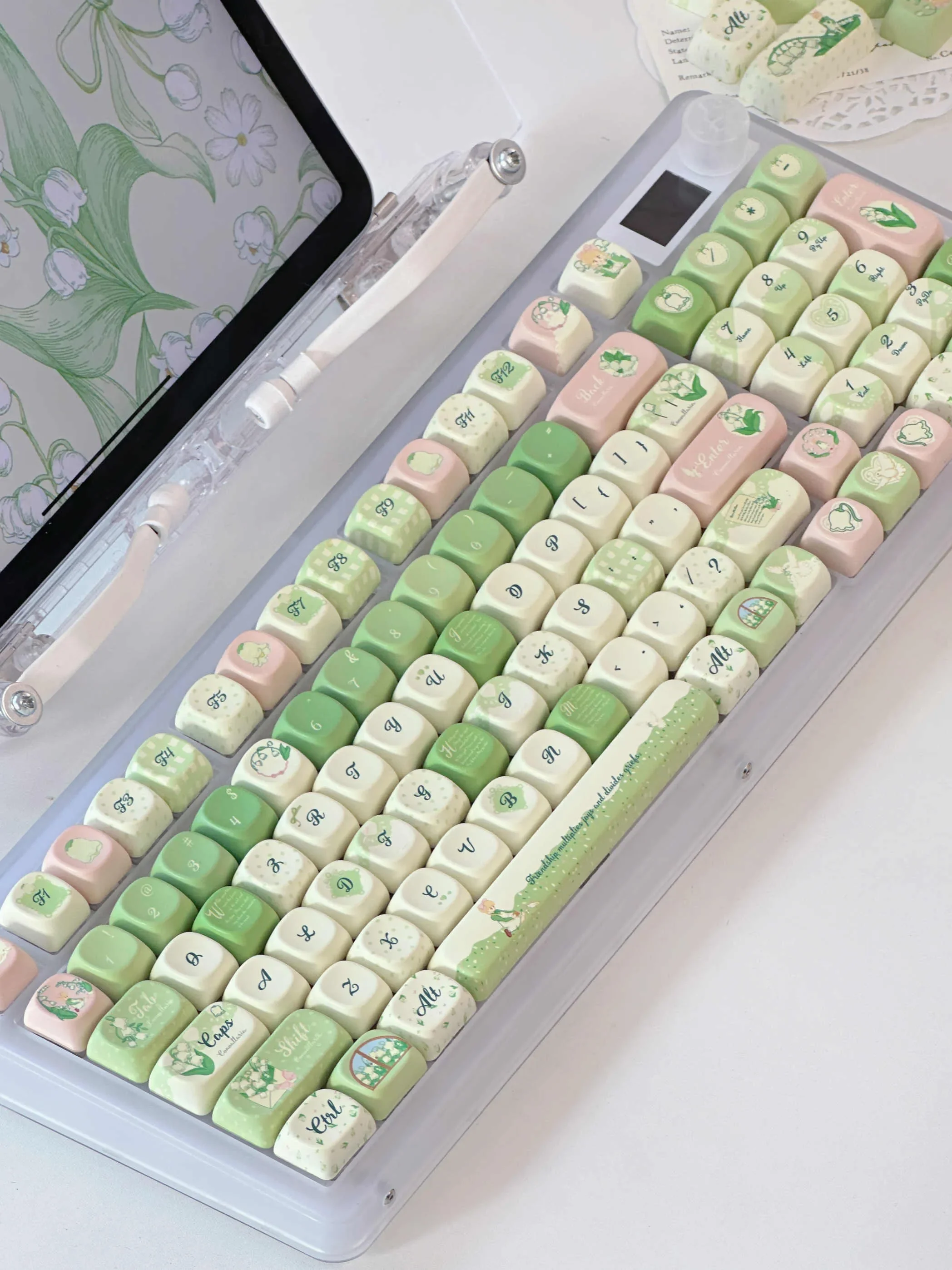 Full gallery of delicate Lily of the Valley XOA profile keycap set for custom mechanical keyboards. Showcasing exquisite floral designs and soft pastel setup.