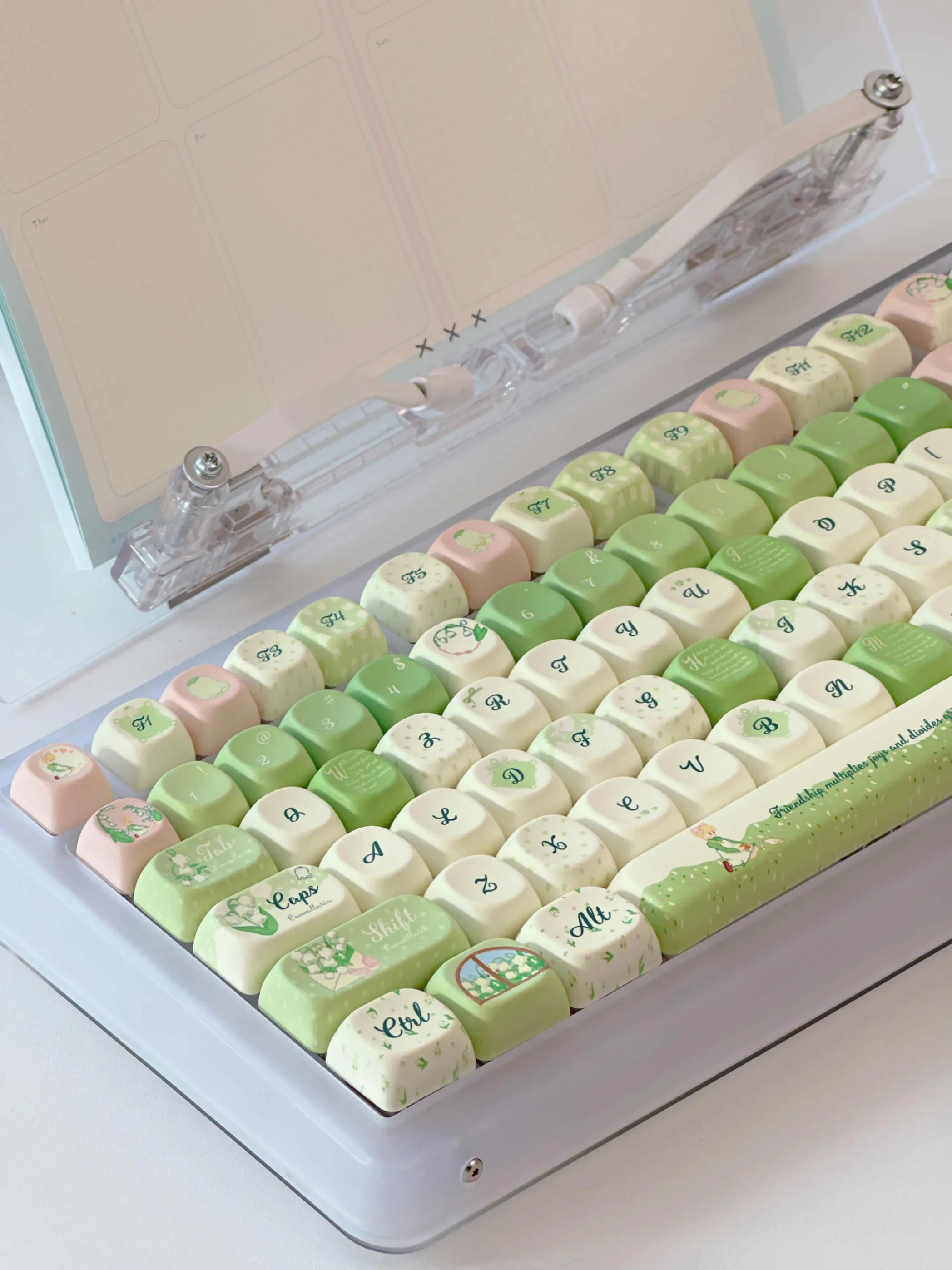Multiple views of the exquisite Lily of the Valley keycap Set, showcasing their dreamy floral design, soft pastels, and unique XOA profile for custom