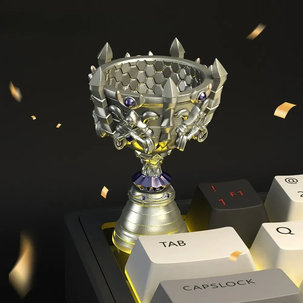 Iconic LoL S15 Trophy keycap, a premium 3D collectible with meticulous details and a brilliant metallic-gold finish, celebrating League of Legends.