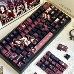 Enigmatic Lost Alice keycaps set in a dark Wonderland theme, highlighting side-engraved, shine-through Cherry profile legends.