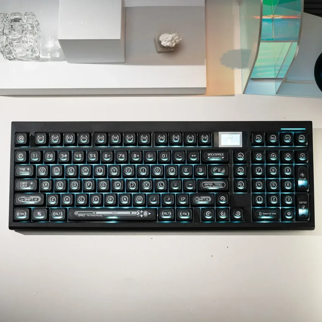 Luminous Black Cherry Keycap Set are displayed from various perspectives, showcasing their sleek design and mesmerizing luminous legends.