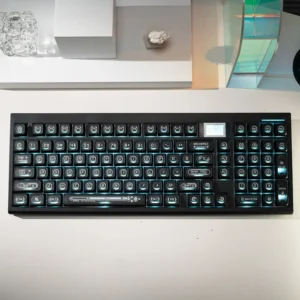 Luminous Black Cherry Keycap Set are displayed from various perspectives, showcasing their sleek design and mesmerizing luminous legends.