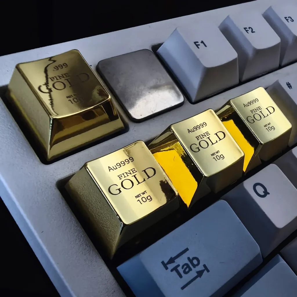 Close-up views of the luxury laser engraved gold ESC keycap, highlighting its heavy construction and intricate detailing for a premium keyboard.