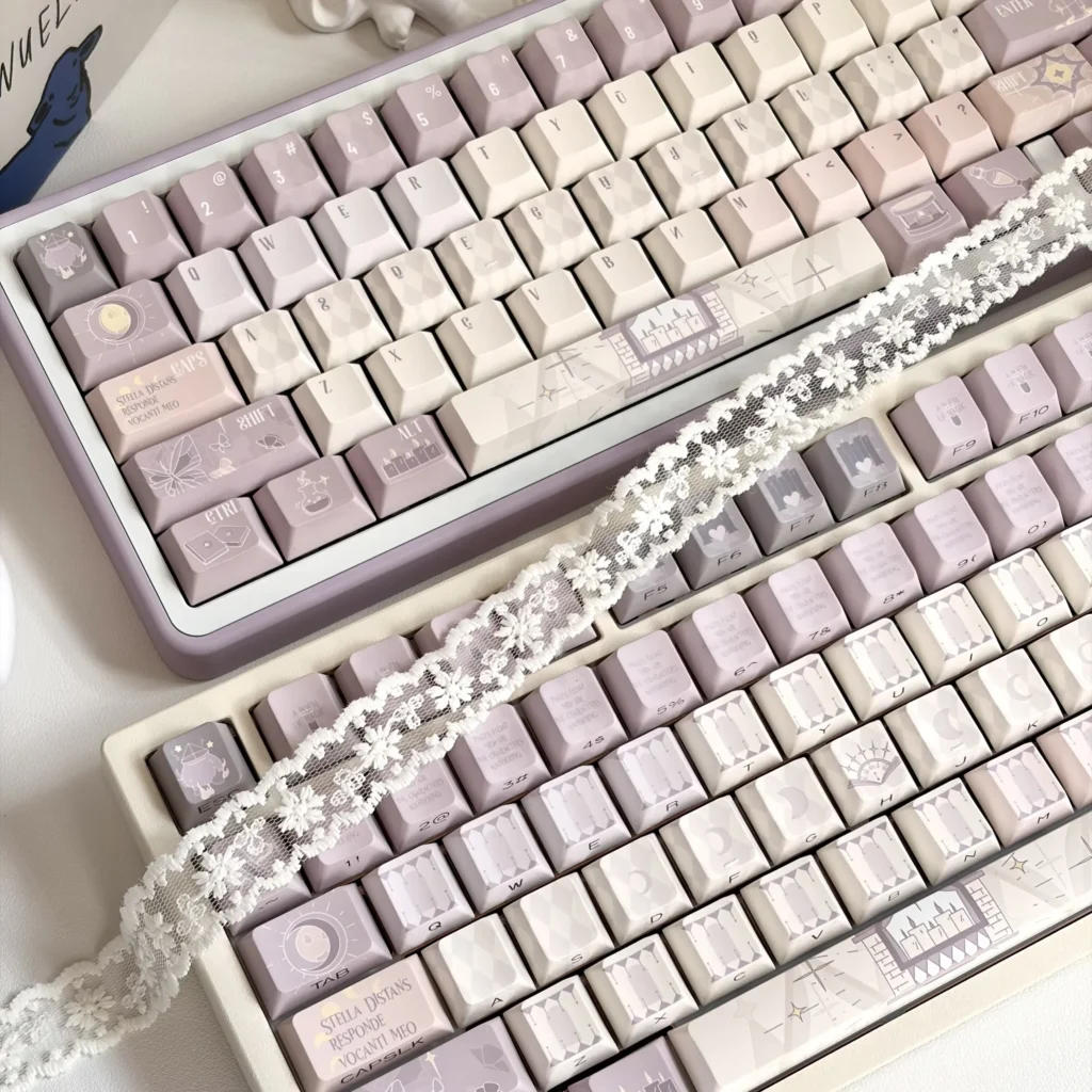 Ethereal light purple Magic Poetry Dreamscape side-printed backlit keycap set, showcasing mystical legends with a poetic, glowing fantasy ambiance.