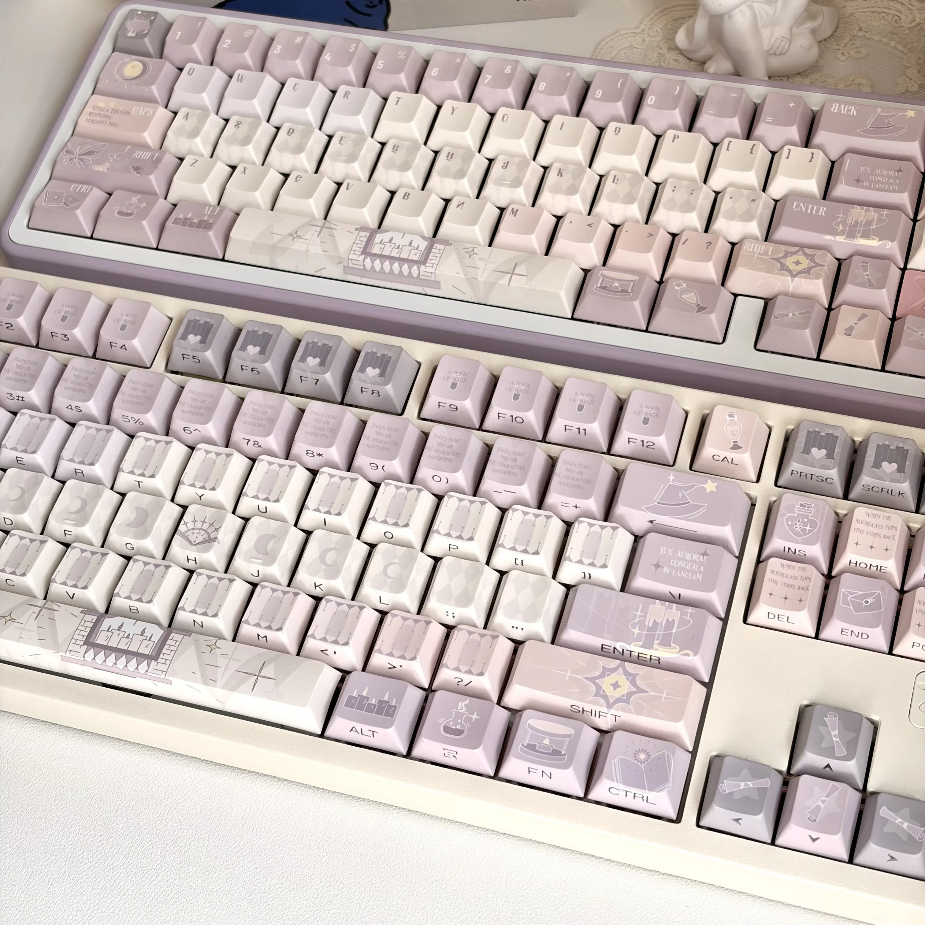 An artistic gallery of Magic Poetry Dreamscape Side-Printed Backlit Magic Keycap set, highlighting their ethereal light purple glow and mystical