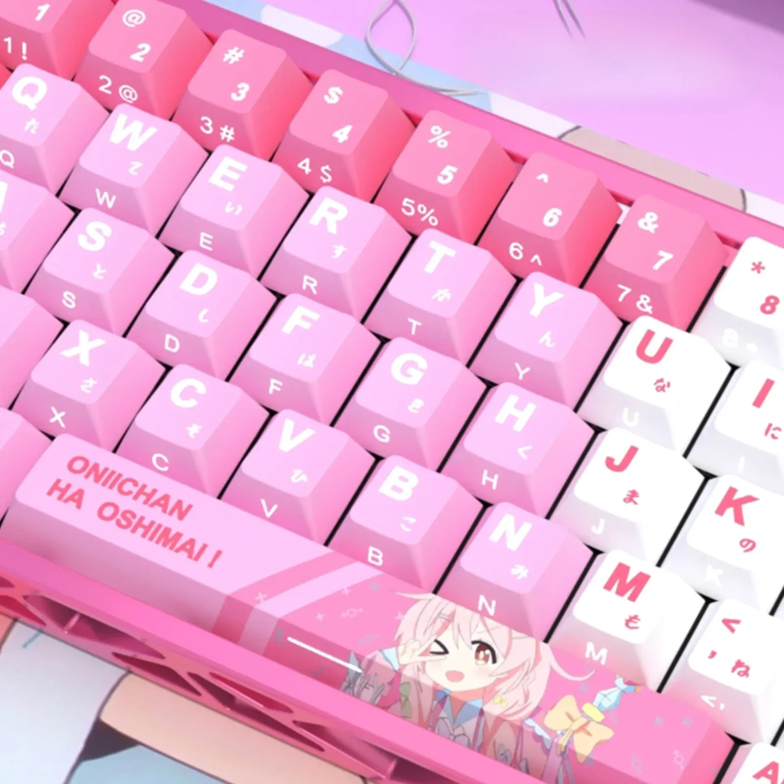 Vibrant Mahiro Oyama side-lit PBT anime keycaps set. Playful character art illuminates from the side, showcasing unique legends from every angle.