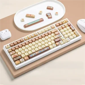 A delightful MOA profile PBT keycap set, Maillard Style, displaying its unique cozy pastels and premium 5-sided dye-sub legends.