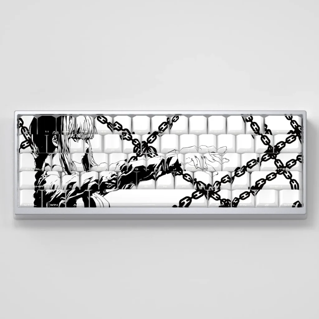 Exclusive Makima PBT side-lit keycap set in clean white. This artistic keycap set features subtle Makima iconography and translucent legends for custom.