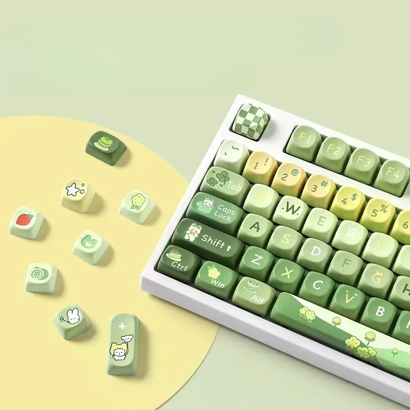 Multiple views of Whimsical Matcha Rabbit Keycaps Set, showcasing premium double-shot PBT with adorable pastel matcha green rabbit motifs.