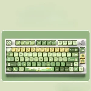 Whimsical Matcha Rabbit Keycaps Set featuring adorable pastel green rabbit motifs on premium double-shot PBT SOA profile keycaps for a cozy desk.