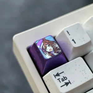 Elegant artisan Matikanetannhauser anime ESC keycap crafted from shimmering purple crystalline titanium, showcasing intricate Uma Musume Pretty Derby details.