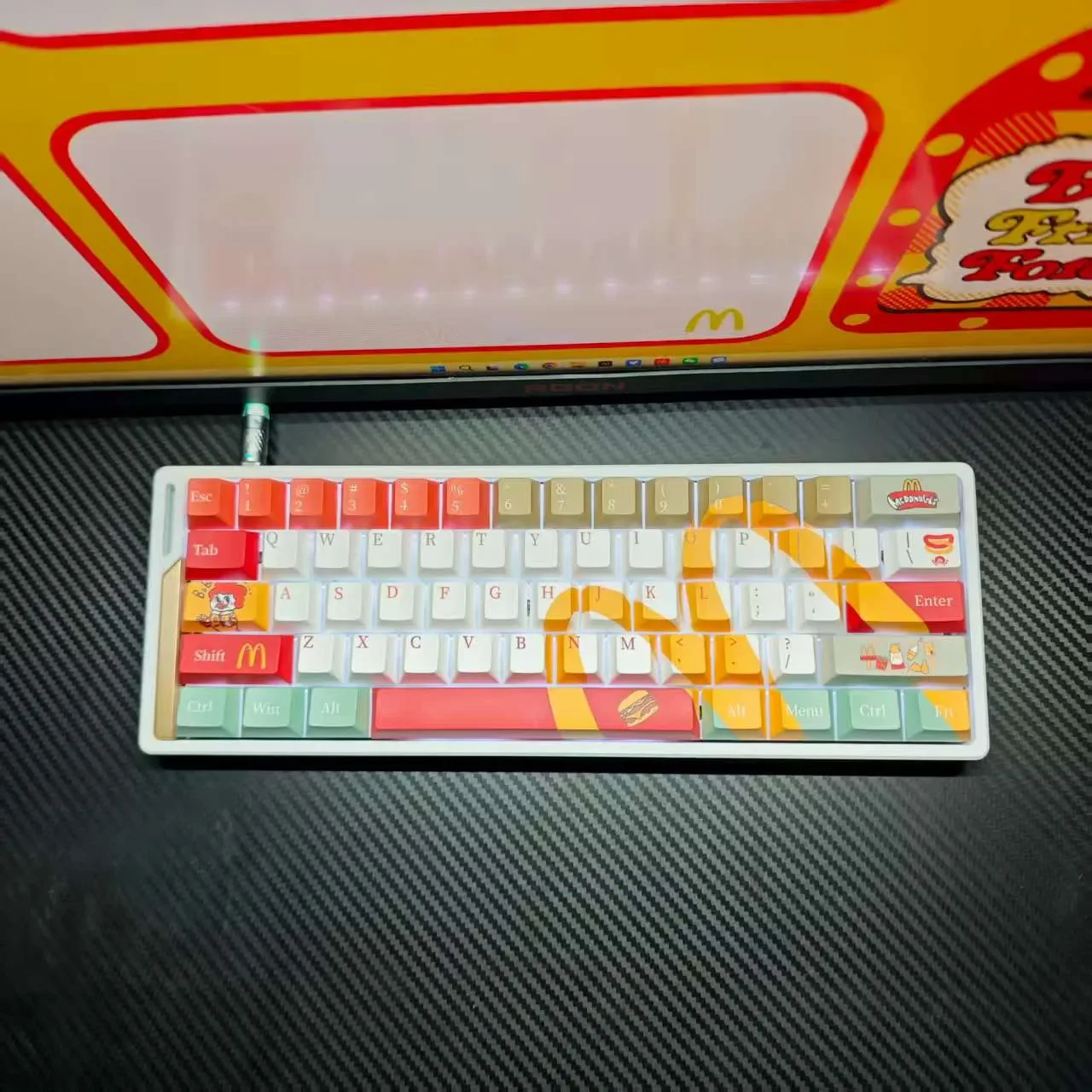 Playful McDonald's Themed keycap Set gallery featuring iconic red and yellow pop culture designs from diverse angles. Embrace playful nostalgia with this unique design.