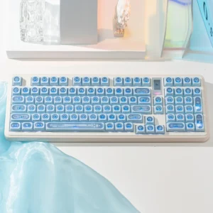 Mesmerizing Gemstone Blue Keycaps set in a product gallery, revealing their iridescent depth and captivating light from various angles.