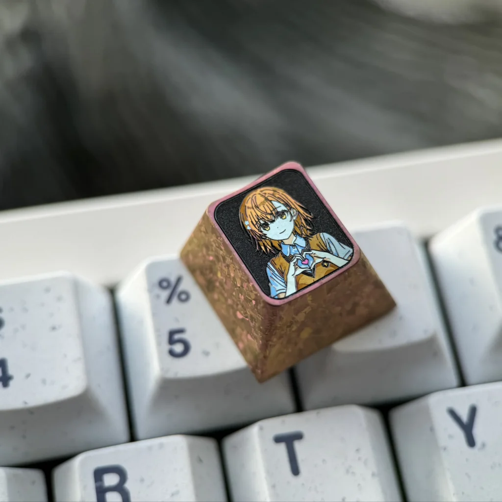 Gallery of the stunning Misaka Mikoto premium titanium keycap, revealing intricate anime art and lustrous finish from various angles for custom keyboard.