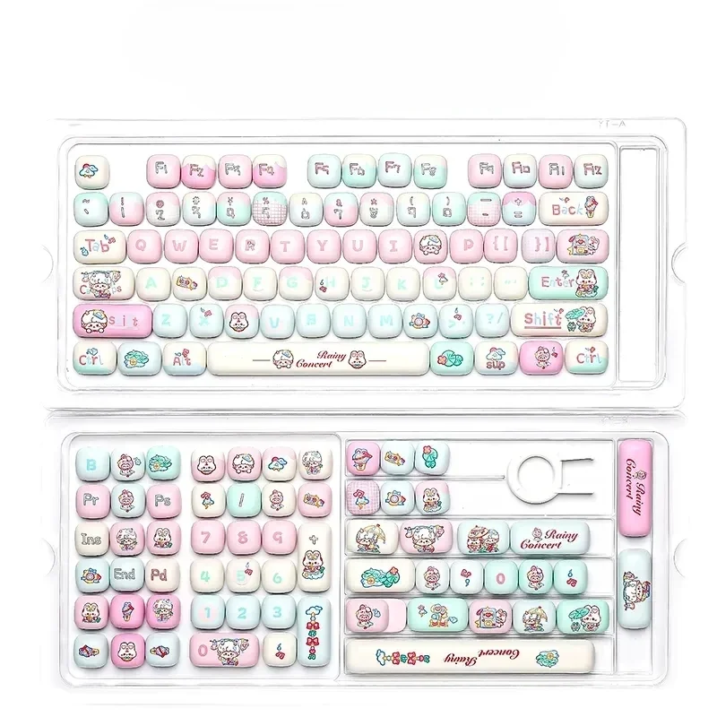 Artistic gallery showcasing Vibrant Rainy Music Festival PBT Dye-Sub Keycap Set, displaying unique designs, lively colors, and whimsical musical motifs.