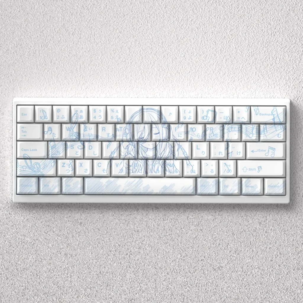 Exclusive Nakano Miku PBT front-print keycap set showcasing vibrant purple hues and delicate anime details from The Quintessential Quintuplets.