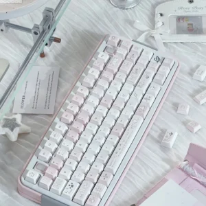 Night Walking Keycap Set. Unique original Asian design with pastel pink and white keycaps. Playful, whimsical motifs create a dreamy design.