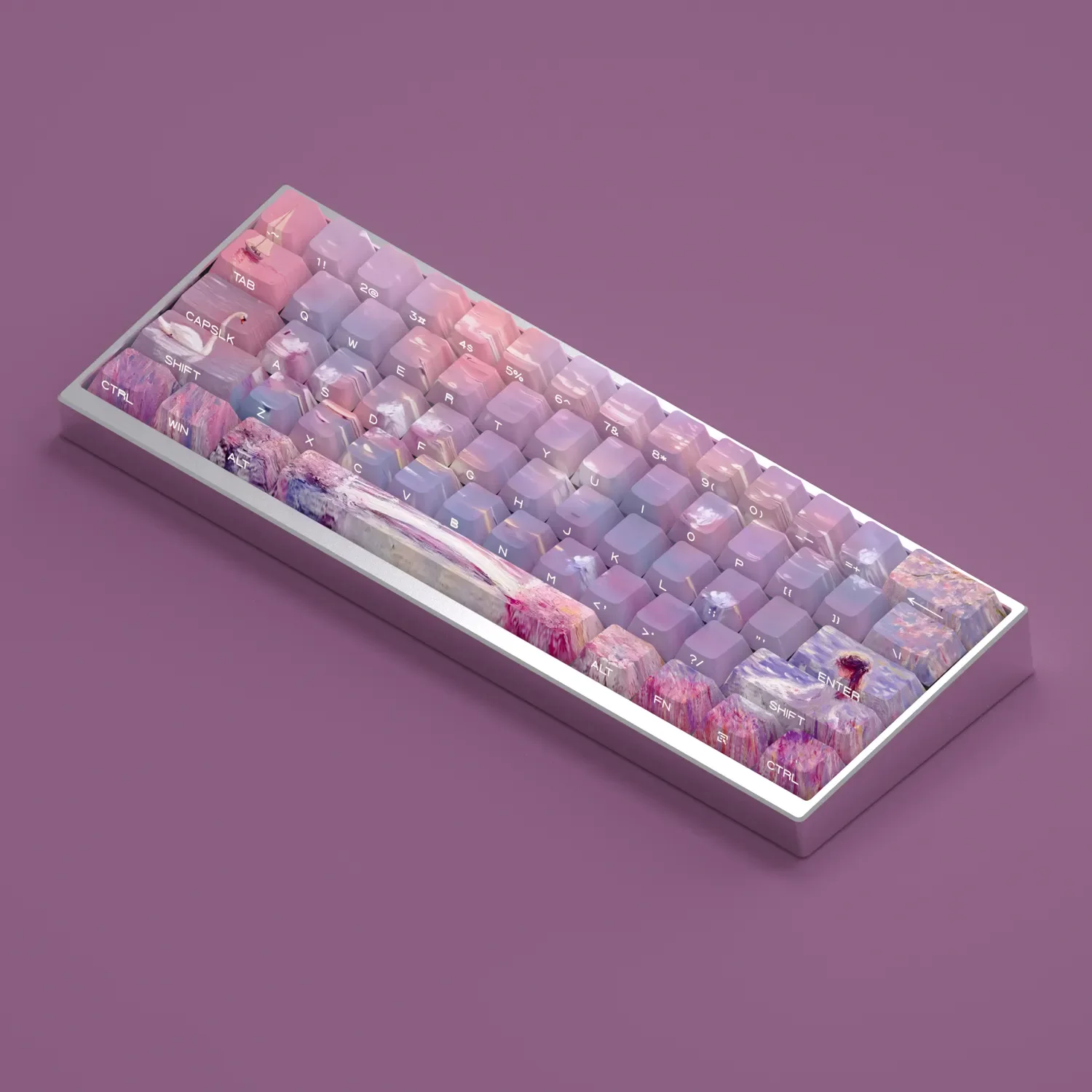 Dreamscape Delight Oil Painting Keycaps Set displayed from various angles, highlighting whimsical artwork and vibrant side-lit legends.