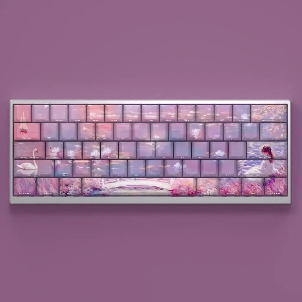 Vibrant Dreamscape Delight Oil Painting Keycaps Set, showcasing artistic side-lit legends and whimsical landscapes on Cherry profile.