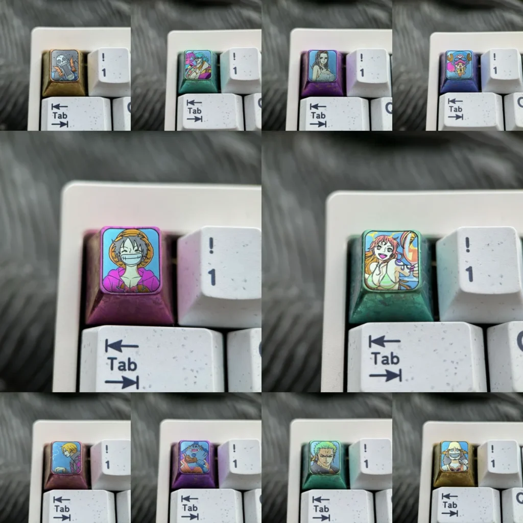 Premium Titanium ONE PIECE Artisan Keycap, showcasing the iconic One Piece character with vibrant colors and intricate metal craftsmanship.