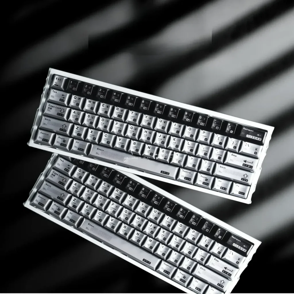 Sleek silver-black Parametric Keycap set, showcasing its unique algorithmic metallic electroplated design and geometric precision for custom keyboard.