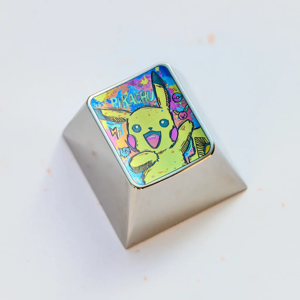 Iconic Pikachu Titanium Keycap showcases premium titanium alloy, metallic sheen, and playful artistic design. Perfect mechanical keyboard accessory.