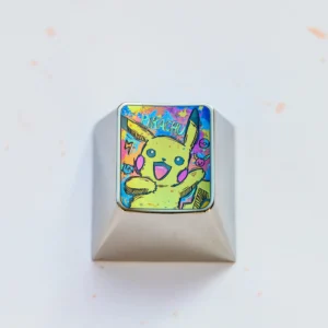 Iconic Pikachu titanium alloy keycap for mechanical keyboards, showcasing premium craftsmanship and a vibrant metallic sheen.
