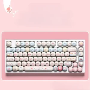 Sweetheart Cat Pink Dream pink cat keycaps set with adorable feline motifs and premium PBT dye-sub quality for mechanical keyboards.