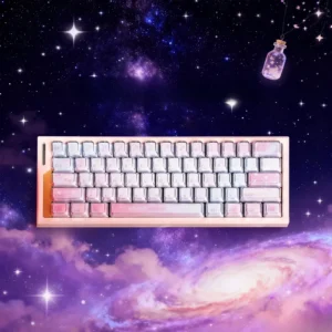 Celestial Pink Gradient Keycaps set featuring dreamy pink-purple dye-sub PBT keycaps with crisp backlit legends, perfect for custom mechanical keyboard.