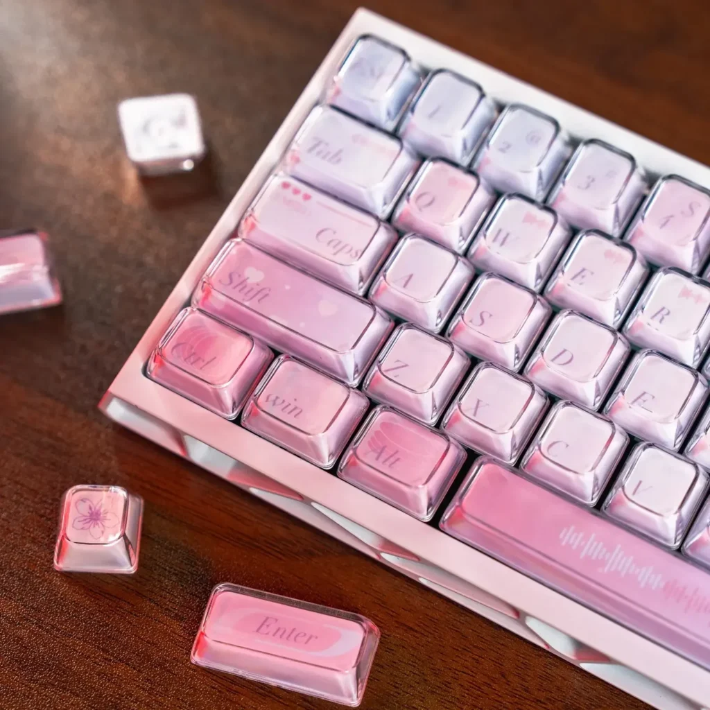 A product gallery of Celestial Pink Gradient Keycaps Set, showcasing the dreamy dye-sub PBT texture and vibrant backlit legends from multiple angles.