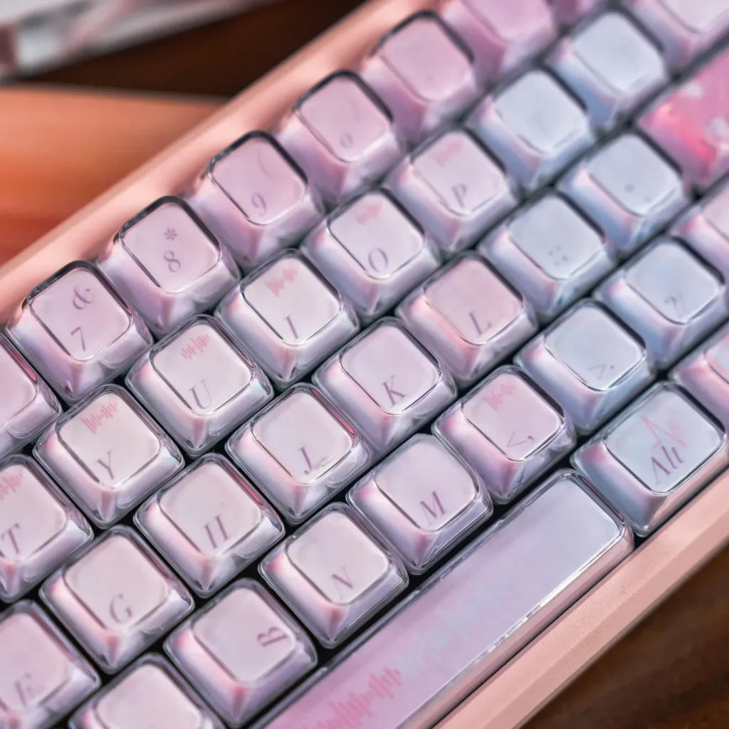 Ethereal Celestial Pink Gradient Keycaps set, showcasing their dreamy dye-sub PBT design and backlit legends from various angles.