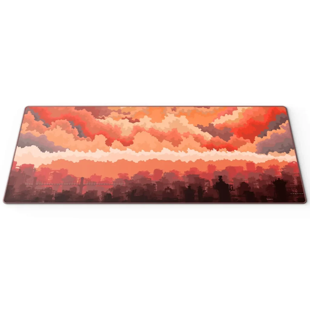 Expansive Serene Pixel Art Desk Mat features a vibrant pixelated sunset landscape and premium stitched edges for an artistic desk setup.