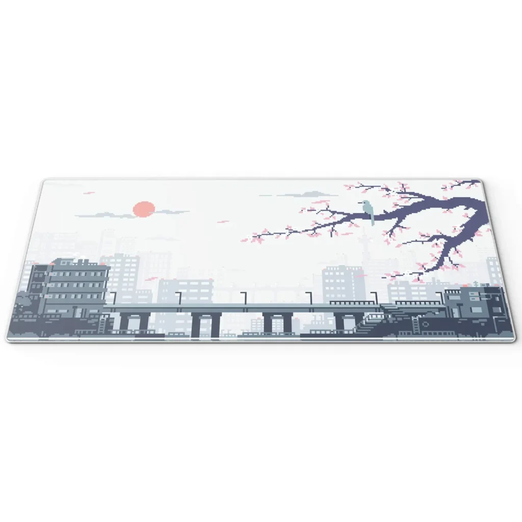 Vibrant pixel art cherry blossom desk mat showcasing a unique retro gaming landscape with lush nature elements, perfect for an aesthetic office setup.