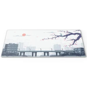 Vibrant pixel art cherry blossom desk mat showcasing a unique retro gaming landscape with lush nature elements, perfect for an aesthetic office setup.